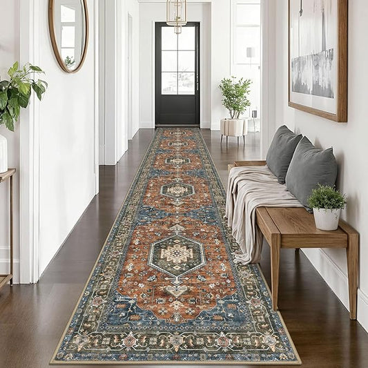 KUTA Vintage Washable Runner Rug 2.6x14, Non-Slip Hallway Kitchen Runners Brick Red with Rubber Backing, Ultra Soft Printed Medallion Extra Long 14ft Carpet Rugs Indoor for Stairs