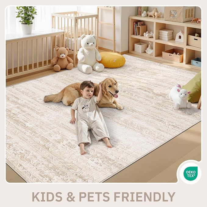 Soalmost 5x7 Area Rugs for Living Room, Washable Neutral Rug Beige Ivory | Vintage Floral Soft Non-Slip Low Pile Thin Throw Large Carpet for Dining Room Bedroom Kitchen Home Office Nursery 5'x7'