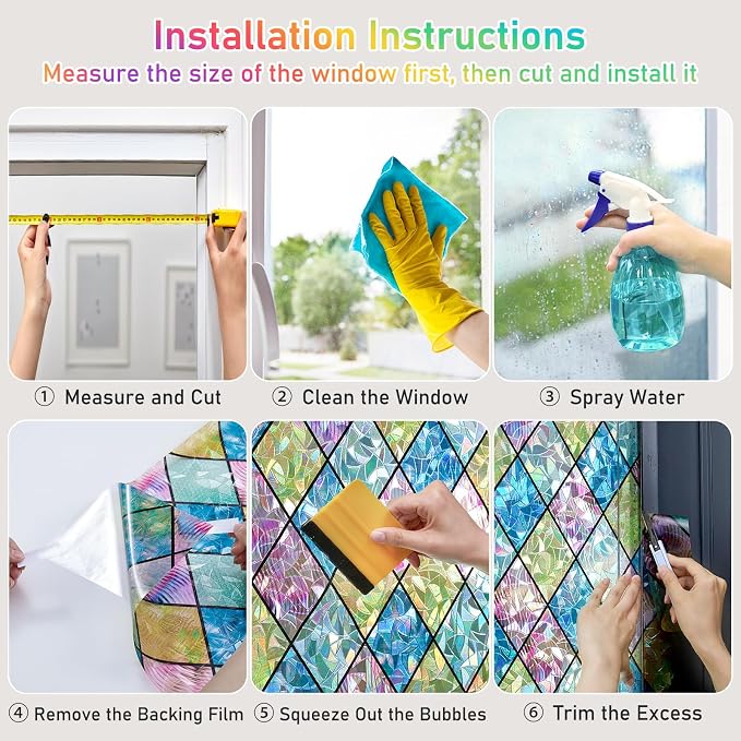 Sunbaby Window Privacy Film Stained Glass Decorative Rainbow Window Cling 3D Static Clings Colorful for Home Decoration, Anti-UV & Heat Control Non-Adhesive (17.5"x78.7")
