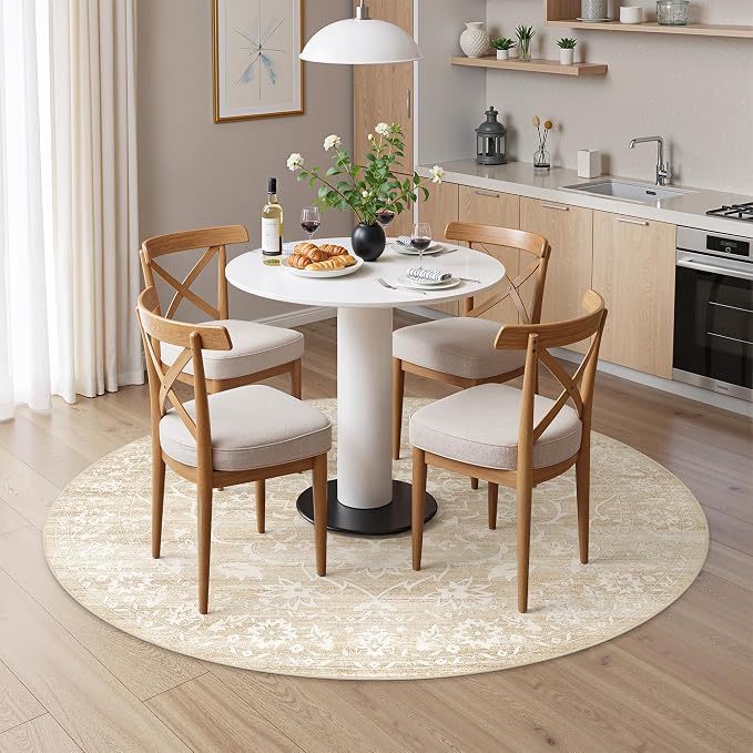 Soalmost Washable Round Rug 6ft for Living Room, Soft Circle Area Rug Beige | Vintage Floral Ultra-Thin Non-Slip Rugs, 6x6 Round Throw Carpet for Entryway Nursery Bedroom Kitchen Dining Room 6'Round