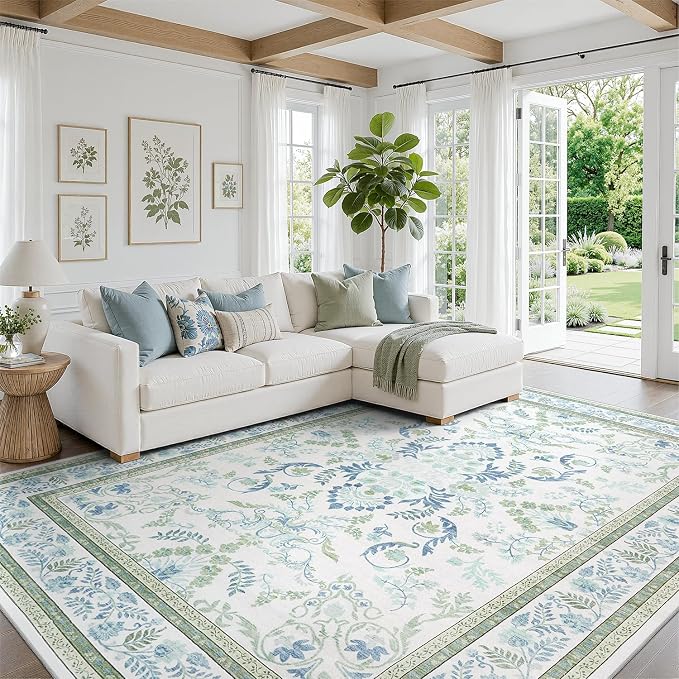 DCX Green 9x12 Rug, Kid & Pet Friendly with Rubber Back Non Slip, Machine Washable Stain Resistant Botanical Floral Rug for Living Room, Bedroom, Soft Low Pile Large Nursery Carpet