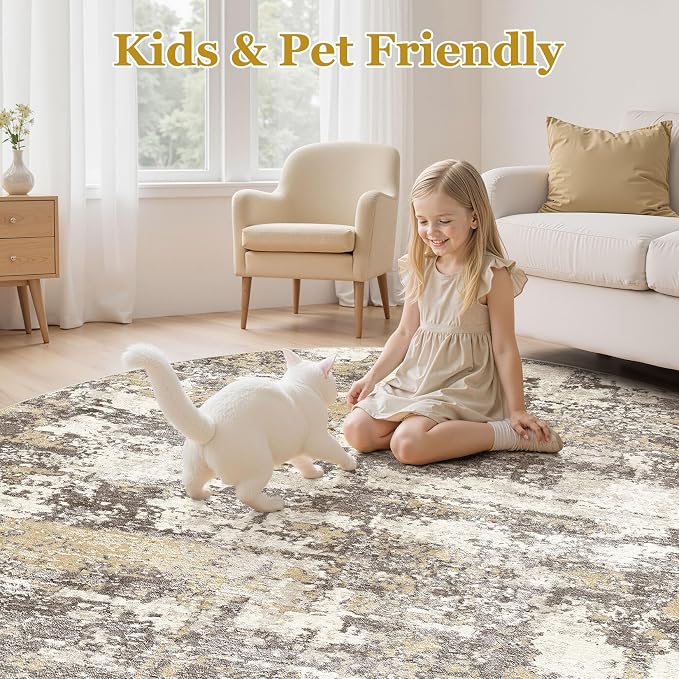 Area Rugs for Living Room: 10x10 Abstract Washable Rug Modern Neutral Large Soft Stain Resistant Non-Slip Backing Machine Table for Bedroom Dining Room Indoor Home Office Carpet - Gold Brown