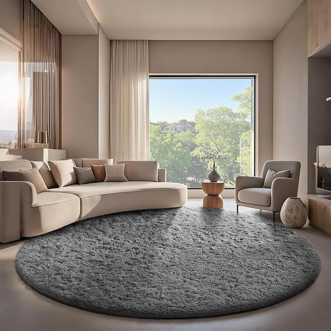 Ophanie Round Rug 7Ft Grey Circle Area Rugs,Large Fluffy Fuzzy Living Room Carpet 7 Foot,Plush Shag Solid Indoor Floor Gray Bedroom Circular Decor for Kids Teen Boys Baby,with Over 99 pcs Pile fibers