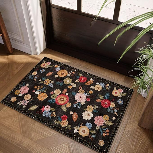 2x3 Washable Entryway Area Rugs: Floral Small Rug Non Slip Door Mat Indoor Entrance Soft Low Pile Throw Rugs for Inside Front Door Floor Bedroom Bedside Kitchen Nursery Home Office Entry