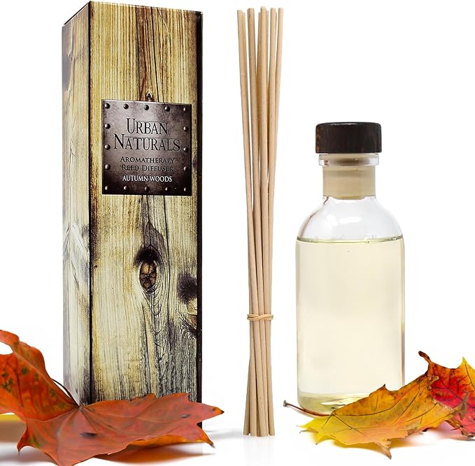 Urban Naturals Reed Diffuser Set, Autumn Woods - Bathroom Shelf Décor | Dark walnut, English Lavender and White Amber, A Fresh, Earthy, Woodsy Fall Forage Scent, Made in the USA