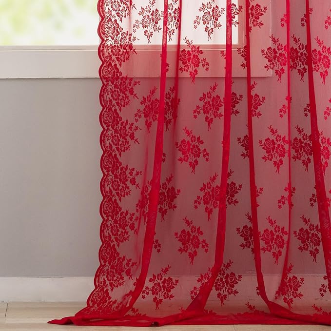 Kotile Red Sheer Curtains 84 Inches Long, W52 x L84 Inch, 2 Panels, Country Rustic Floral Vintage Red Lace Curtains for Living Room, Rod Pocket Privacy Light Filtering Cottagecore Window Sheer Curtain