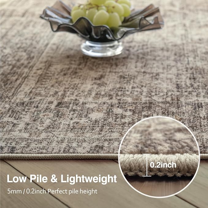 FMFUNCTEX 3ft Round Washable Area Rug Taupe Vintage Neutral Distressed Small Non Slip Carpet for Living Room Bedroom Soft Low Pile Indoor Mat Retro Thin Throw Rug for Entryway Bathroom Bedside