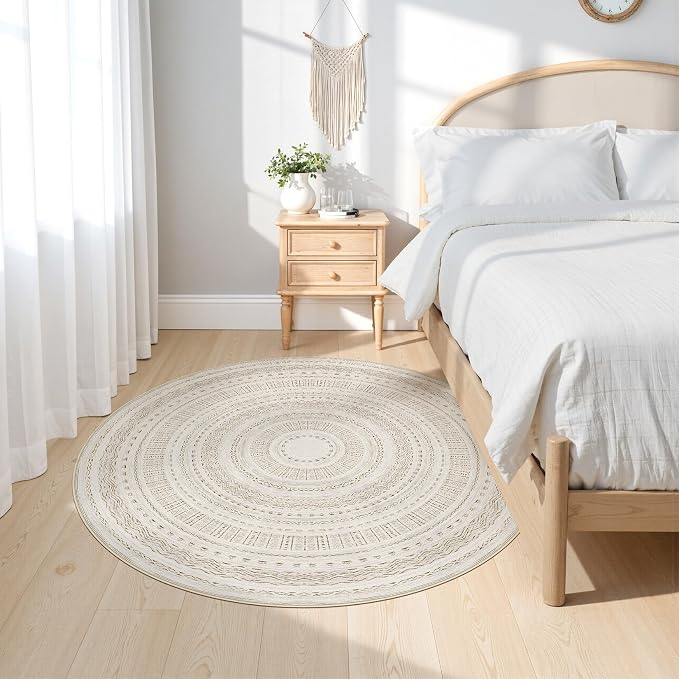 cotiled 5x5 Round Area Rugs Living Room Rug: Washable Boho Rugs with Non Slip Backing Large Soft Indoor Stain Resistant Carpet for Bedroom Farmhouse Dining Room Lightweight Home Decor Brown/Cream