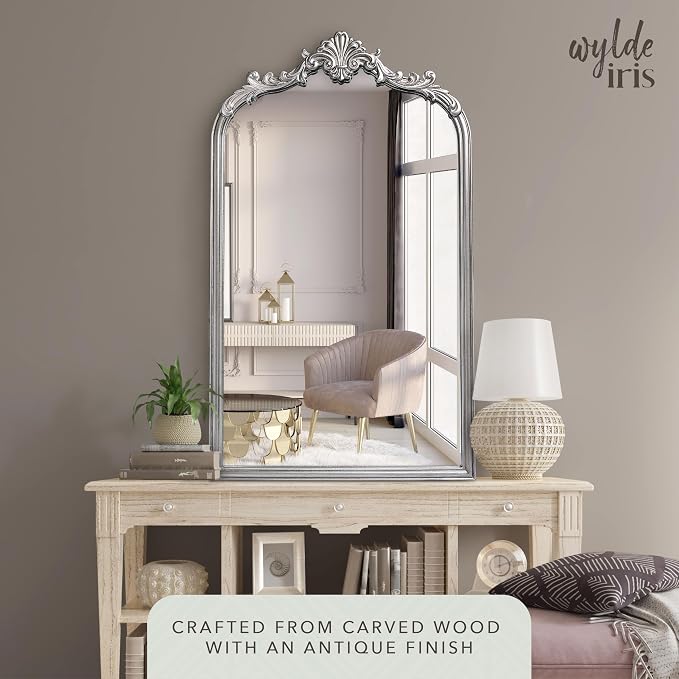 Wylde Iris English Estate Carved Arch Wood Wall Mirror, Mirror for Entryway, Living Room, Bathroom, Antique Silver, 20.4x33