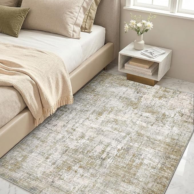 4x6 Area Rugs Washable Living Room Rug-No Slip Soft Carpets Modern Abstract Indoor Floor Stain Resistant Carpet for Bedroom Dining Room Farmhouse Nursery Home Office Tan