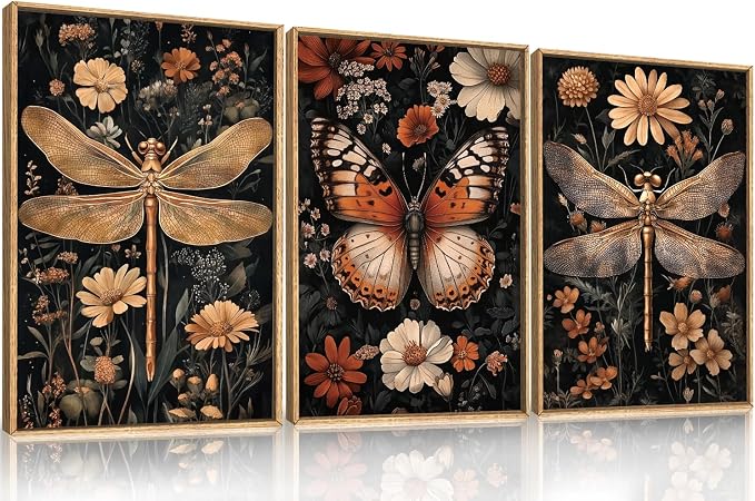 Large Vintage Butterfly Dragonfly Framed Canvas Wall Art Set,Retro Dark Academia Animal Floral Botanical Wall Decor,Moody Insect Wildflower Artwork for Living Room,Bedroom,Farmhouse-16 x24 x3