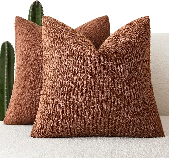 Foindtower Pack of 2, Decorative Textured Boucle Throw Pillow Covers Modern Accent Solid Pillow Cases Cozy Soft Couch Cushion Case for Chair Sofa Bedroom Living Room Home Decor 22x22 Inch Red Taupe