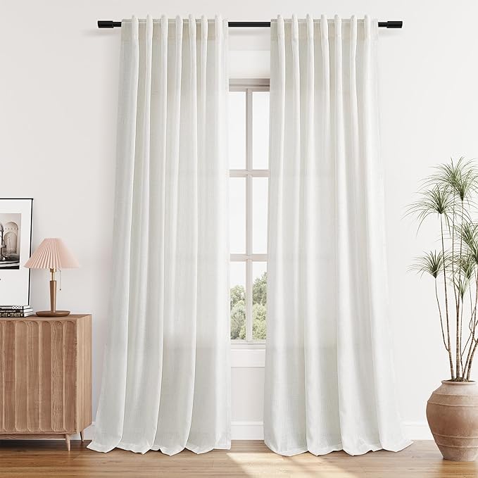 Aersas 112 Inches Linen Long Curtains for Living Room 2 Panels Set Floor to Ceiling Drapes Natural Boho Cotton Back Tab Curtain for Sliding Door Window Treatments W 52 x L 112 Inch, Beige White