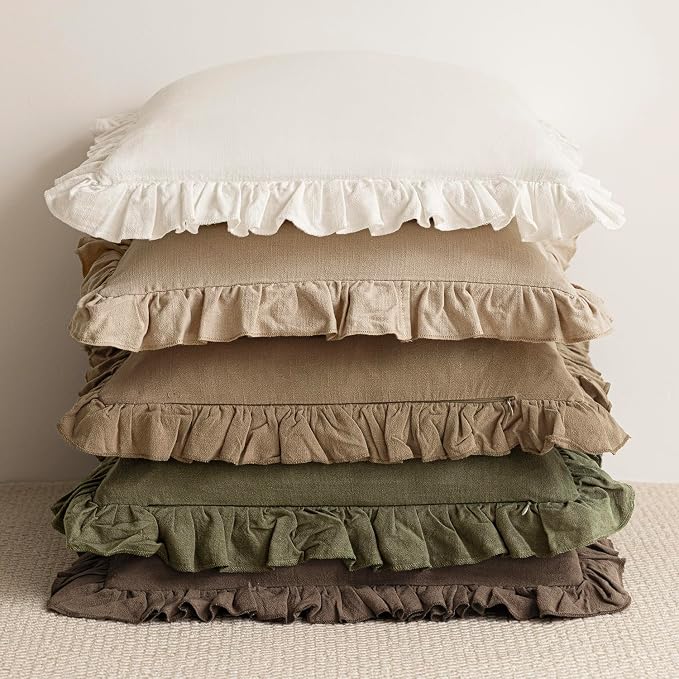 Foindtower Set of 2 Decorative Soild Fringe Ruffle Throw Pillow Covers Soft Boho Farmhouse Cushion Cover Cozy Accent Retro Pillowcase for Couch Sofa Bed Living Room Home Decor,20×20 Inch,Olive Green