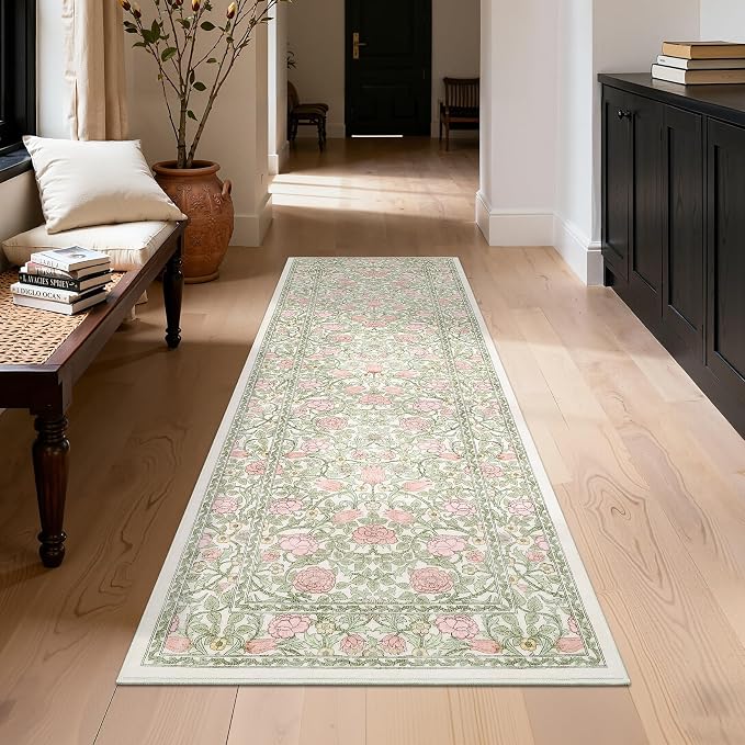 GarveeHome Pink and Green Vintage Floral 2x6 Runner Rug Washable Kitchen Rugs Non Slip Boho Long Rug for Hallways Bedroom Entryway Bathroom Mat with Rubber Back Beige