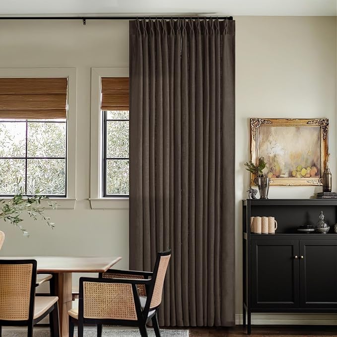 TWODRAPES Dark Chocolate Pinch Pleated Linen Curtains 2 Panels for Living Room Bedroom Memory Training Shaped Semi Sheer Pleat Drapes with Hooks Rings Light Filtering Window Curtain 40x90