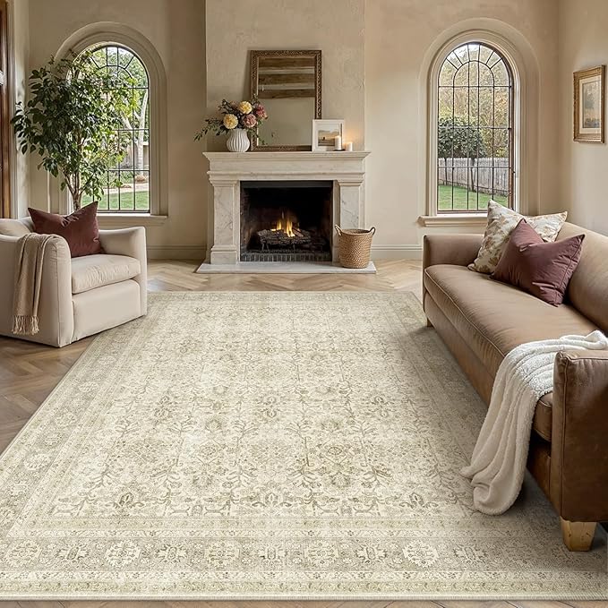 PureCozy Vintage Area Rug 6x9 Beige Washable Living Room Large Carpet Non Slip Bedroom Indoor Office Low Pile Traditional Distressed Retro Accent Rug for Dining Room Kitchen