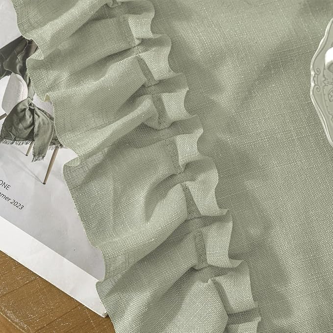 Light Sage Green Boho Curtains 96 Inches Long 2 Panels, Each W47 x L96 Inch, Spring Farmhouse Linen Ruffled Curtains for Bedroom, Rod Pocket Privacy Semi-Sheer Cottage Flowy Ruffle Curtain Drapes
