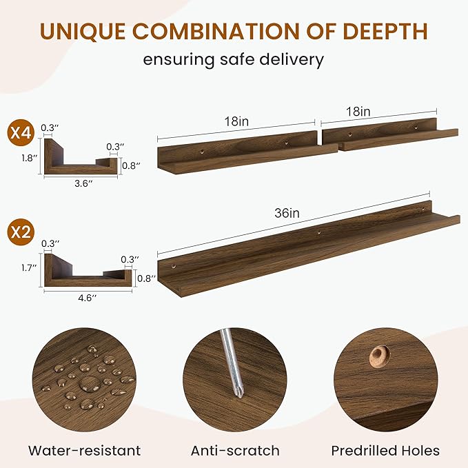 Axeman Picture Ledge Shelf, Floating Shelves for Decor Storage Set of 6, 36 inch Floating Wall Mounted Shelves, Wall Shelves with Lip for Living Room, Bedroom, Nursery, Bathroom, Kitchen, Walnut