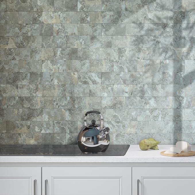 AULIGET 4-Piece Faux Stone Peel and Stick Backsplash Wall Tiles, 3" x 6" Grey & Brown Slate PVC Stick on Tile for Backsplash Kitchen, Bathroom, Laundry Room, Camper, Fireplace
