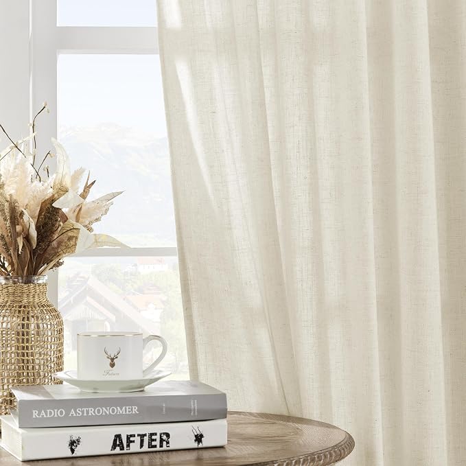 Joydeco Linen Curtains 2 Panel Set, Ivory on Linen Curtains 96 Inch Long, Light Filtering Drapes for Living Room, 70 Inches Wide Drapes with Rod Pocket Back Tab (96" L x 70" W, Ivory on Linen)