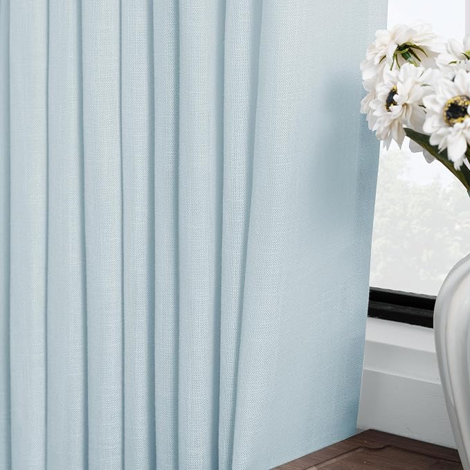 Sky Blue Curtains 72 inch Length for Bedroom Back Tab Light Filtering Semi Sheer Blue Living Room Curtains Linen Cotton Textured Drapery Panel Aesthetic Decor Light Blue 52x72