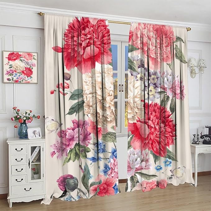 Floral Blackout Window Curtain Vintage Bouquet of Peony Wild Flowers Nature Botanical Leaf for Home Kitchen Livingroom Coffee Room Curtains Drapes 2 Panels 72x63in