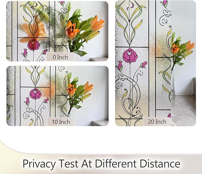 KESPEN WINDOW FILMS Window Privacy Film Stained Glass Frosted Glass Films Decorative Window Film with Rose Flower Static Cling Non-Adhesive Stickers Heat Control for Home, 35.4 Inch X 13.1 Feet
