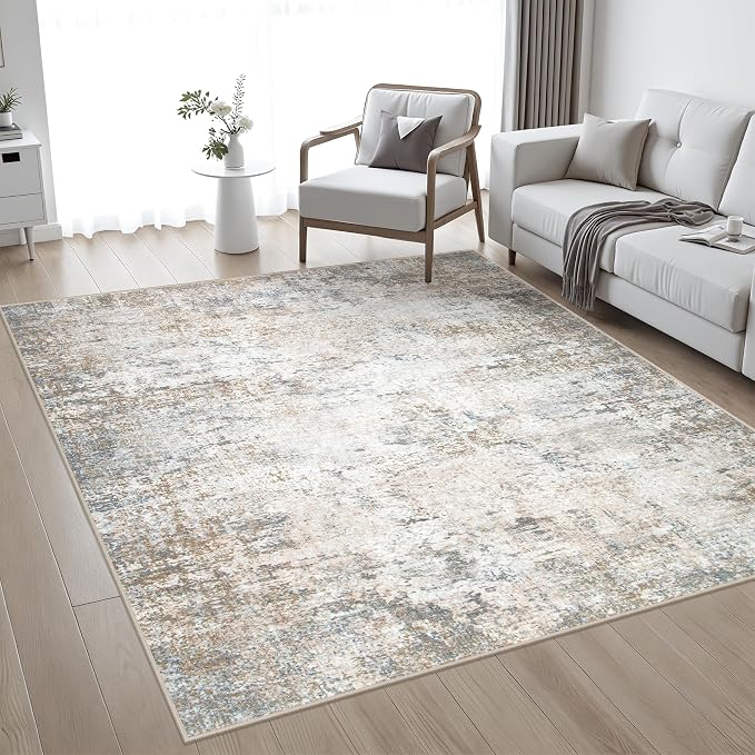 4x4 Area Rug Living Room Rug: Washable Modern Abstract Soft Thin Rug Indoor Floor No Slip Stain Resistant Carpet for Bedroom Dining Room Farmhouse Nursery Home Office - Brown Grey
