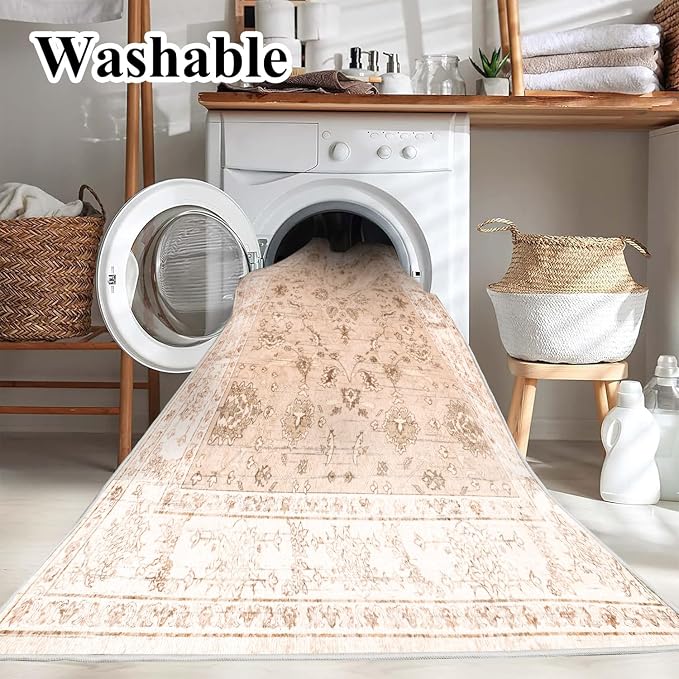 CHAMPLANT 4x6 Vintage Washable Thin Area Rug Tangerine Traditional Floor Cover Foldable Indoor Distressed Non Slip Carpet Floral Print Mat Bedroom Living Room Bathroom