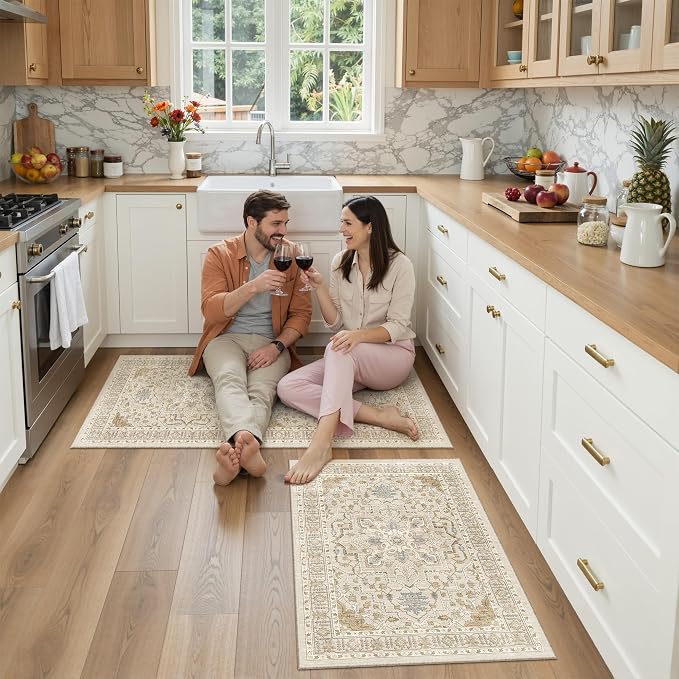 Madane 2-Piece Area Rugs Set, Small Kitchen Runner Non-Slip, Beige/Blue | Rug Runners Vintage Door Mat Indoor Entrance, Low Pile Floor Carpet for Inside Front Bedroom Entryway Entry Laundry 2x3+2x4