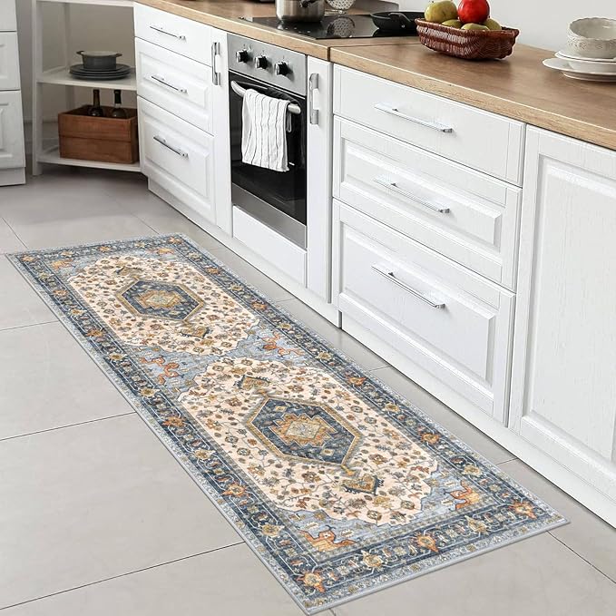 KUTA Runners for Hallways 2x6 Ivory Blue, Vintage Floral Kitchen Rugs Non-Slip Washable Runner Ultra Soft Printed Retro Flower Carpet Entryway Rug for Bedroom Laundry Nursery Entryways