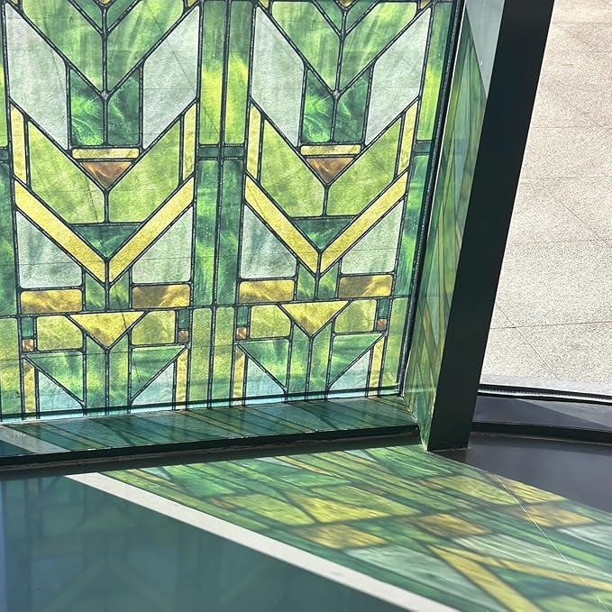 Faux Stained Glass Effect Transparent Window Film, Original Hand Drawn Static Cling for Sidelight Door Glass Decor Inspired by Frank Lloyd Wright, 11.02" x55.12" Martin House, Green
