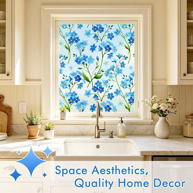 SOMWISE Frosted Glass Window Privacy Film with Tools, Heat Blocking, Anti-UV, Anti-Glare, Static Cling, Decor for Home Bathroom Door, Renter Friendly, Removable, Reusable, Blue 17.5Inchx78.5Inch