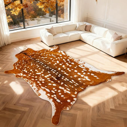 Huichenxing2021FURSTORE Faux Deer Skin Rug,Animal Deer Hide Rug Antelope Print Skin Faux Reindeer Cow Hide Area Rugs for Living Room Bedroom 5.3x6.6ft