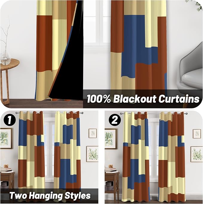 Tyrot Terracotta Blue 100% Blackout Curtains for Bedroom 63 inch Long 2 Panels Set Modern Abstract Geometric Black Out Curtains Insulated Room Darkening Window Drapes for Living Room, 52Wx63L
