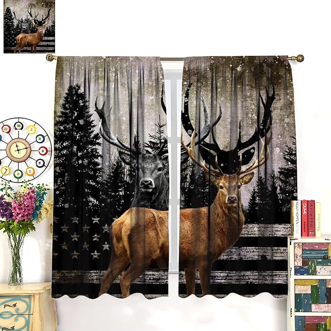 Rustic Hunting Deer Blackout Curtains Vintage American Flag Forest Hunting Cabin Rustic Deer Wildlife Windows Treatments Rod Pocket for Kitchen Living Room Bedroom 55x63in