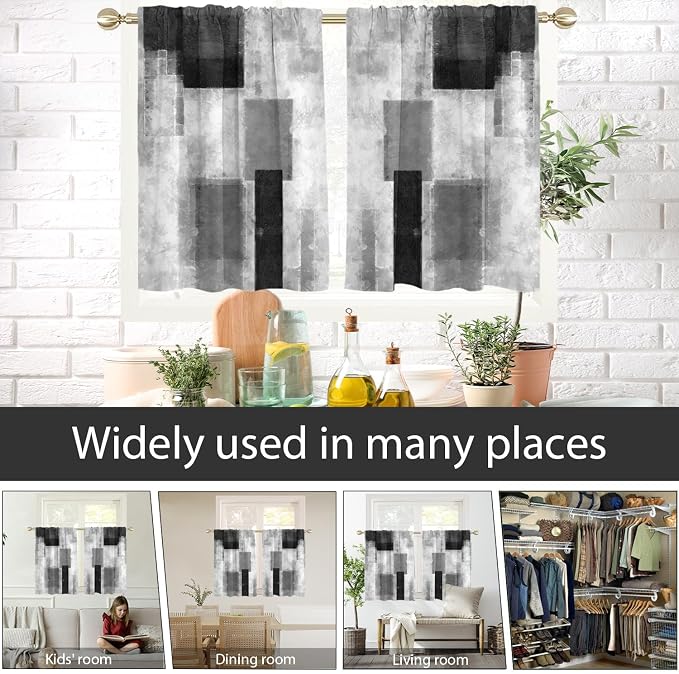 AAtter Black Grey and White Window Curtains for Kitchen Gray Art Abstract Aesthetic Small Short Home Living Room Bedroom Bathroom Drapes Treatment Tiers Fabric 1 Pair, 27.5" W x 39" L, Modern