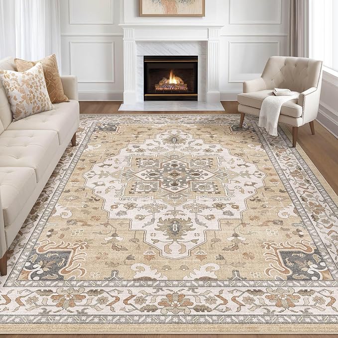 8x10 Area Rugs Living Room: Washable Boho Large Neutral Vintage Soft Rug Stain Resistant Farmhouse Non-Slip Indoor Floor Retro Carpet for Bedroom Nursery Kids Office Dining Room- Sand Gray