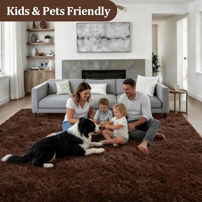 Fluffy Area Rugs 9x12 Living Room Bedroom: Ultra Soft Shag Rug Upgrade Non-Slip Non-Shedding Large Fuzzy Plush Carpet Indoor Floor Carpets for Kids Room Playroom Nursery Dorms Home Decor Brown