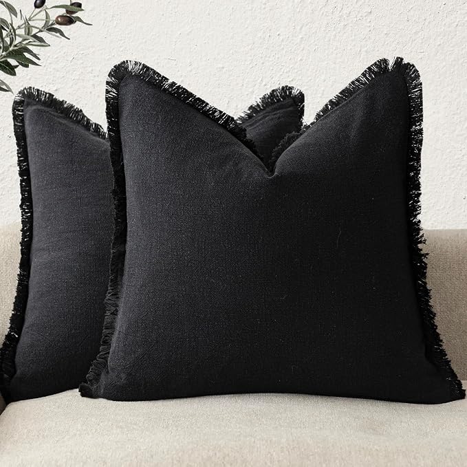 Foindtower Set of 2 Decorative Linen Fringe Throw Pillow Covers Cozy Boho Farmhouse Cushion Cover with Tassels Soft Accent Pillowcase for Couch Sofa Bed Living Room Home Decor, 26×26 Inch, Black