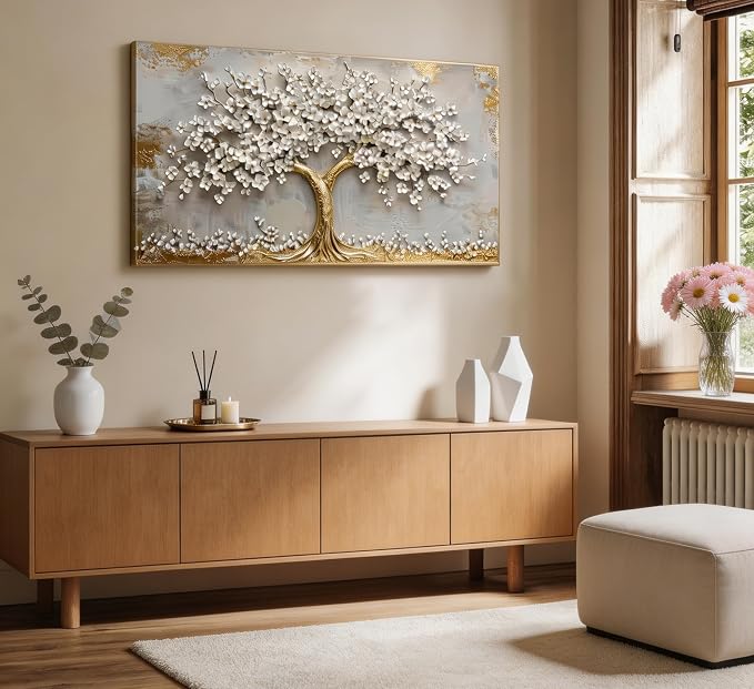 Large Tree of Life Canvas Wall Art Gold and White Flower Big Tree Painting Picture Wall Decor Botanical Floral Poster Print Artwork for Living Room Dining Bedroom