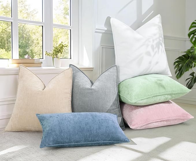 decorUhome Fall Couch Euro Sham Throw Pillow Covers 24x24 Set of 2, Decorative Soft Velvet Modern Cozy Chenille Pillow Cases with Elegant Design for Sofa Bed Living Room Home Decor, Blue Grey