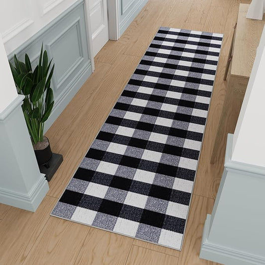 Ottomanson Hallway Runner Rug 2'7" x 10' Non Slip Buffalo Plaid Area Rugs Easy to Clean Laundry Rug Runner Durable Floor Carpet Runners for Hallways Entryway Living Room Kitchen, Black/White
