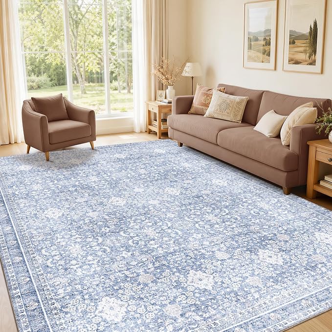 Sasttie 4x6 Area Rug, Ultra-Soft Washable Rug, Low Pile Foldable Thin Carpets with Non-Slip Backing, Skin-Friendly Stain Resistant Carpet for Living Room, Bedroom, Kitchen, Dorm, 4x6, Light Blue
