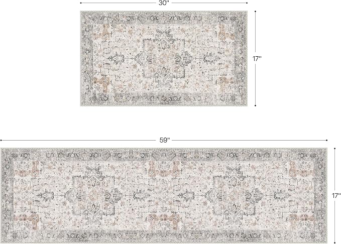 GENIMO Runner Rug 2PCs, Machine Washable Non Slip Vintage Hallway Runner Rug 17.3"x59"+17.3"x30", Low Pile Lightweight Rugs for Indoor Entryway, Hallway, Kitchen and Corridor, Light Taupe Brown