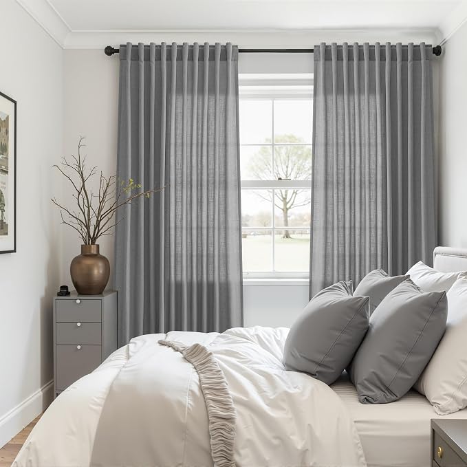 Aersas 102 Dark Grey Linen Sheer Curtains for Living Room 2 Pages Modern Neutral Light Filtering Privacy Drapes Flax Fabric Back Tab and Rod Pocket Curtain 52 Inch Width x 102 Inch Length