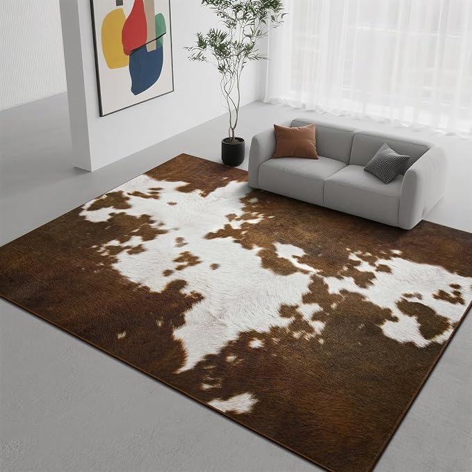 DweIke Cow Print Rugs for Living Room, 5x7 Soft Faux Animal Cowhide Area Rug, Washable Non-Slip Stain Resistant Throw Carpet for Dining Room Office Western Home Decor, Light Brown