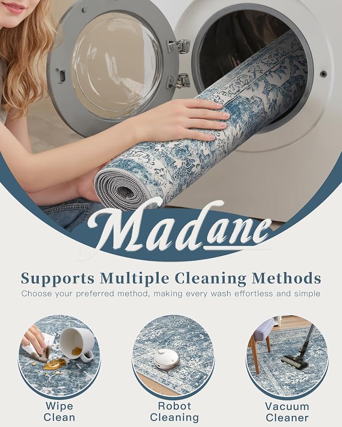 Madane 5x7 Area Rugs for Living Room, Washable Vintage Rug with Non-Slip Backing, Soft Floral Print Throw Rugs Floor Low Pile Carpet for Bedroom Dining Room Farmhouse (5 x 7, Blue)