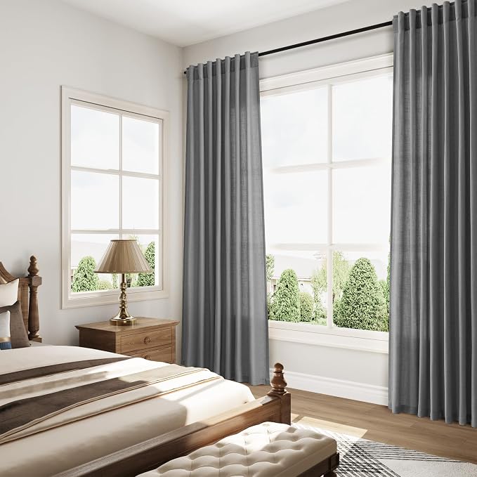 Blazer Grey Linen Curtains 90 Inch Long 2 Panels Set for Bedroom Living Room, Soft Linen Textured Window Drapes Semi Sheer Light Filtering Rod Pocket Back Tab Morden Simple Style 52x90